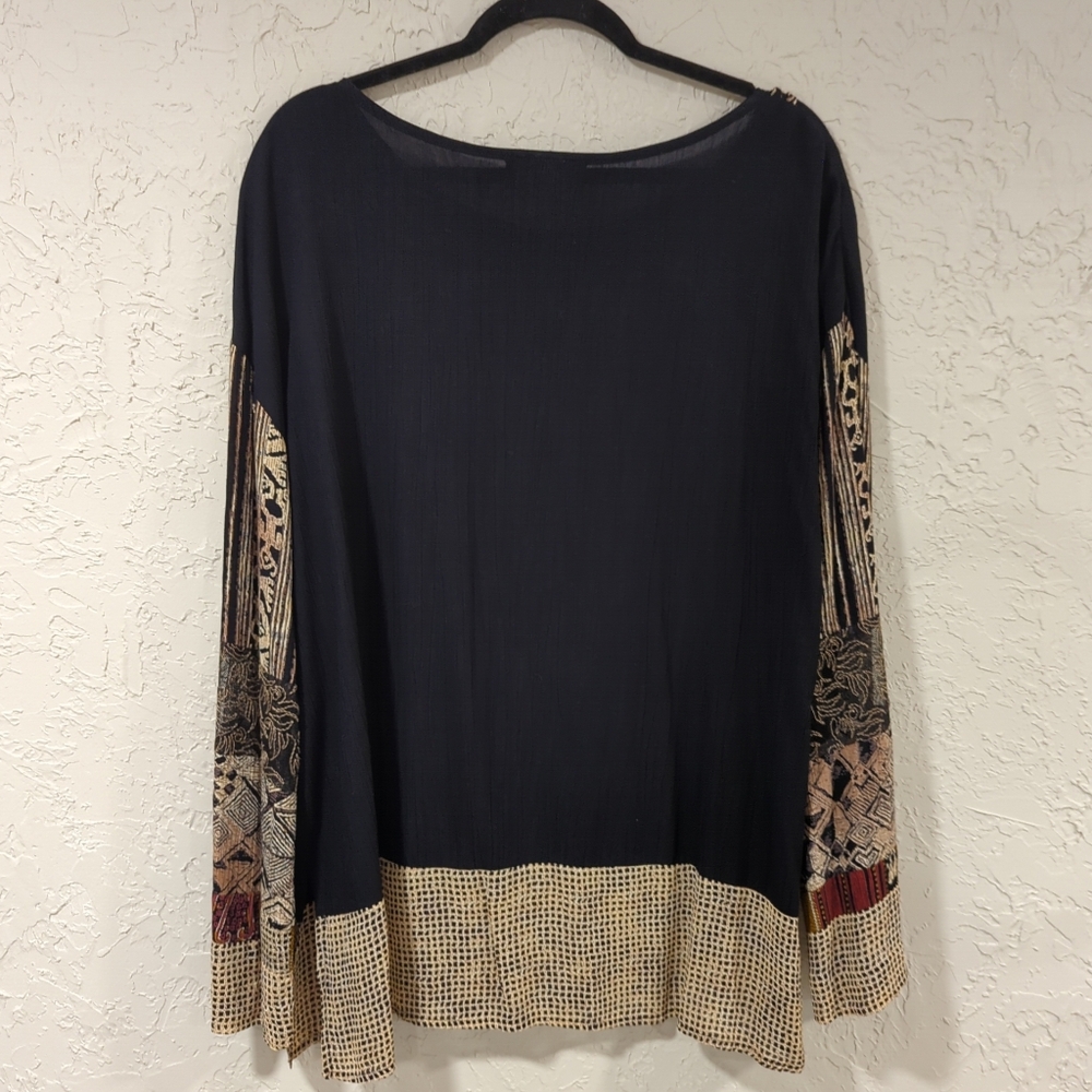 Vintage Carole Little Black and Tan Patterned Blouse - Women's 16 Tribal Animal - Picture 3 of 14